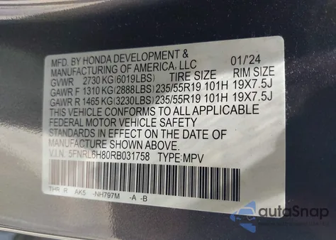 2024 Honda Odyssey Touring из США, поврежденный, VIN 5FNRL6H80RB031758